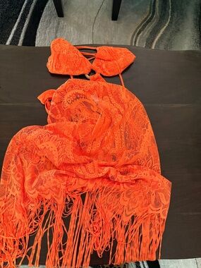 Bright Orange Lace Bikini Cover-Up with Fringe